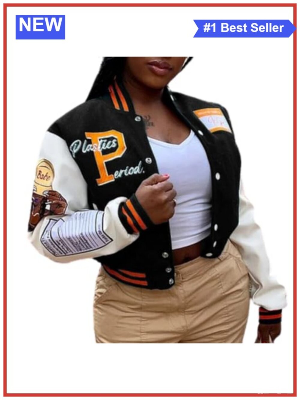 Women's Faux Leather Varsity Jacket Cropped Button Front Casual Streetwear
